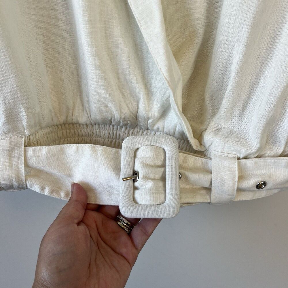 American Eagle Cropped Linen Blend Belted Surplice Blouse Top Cream Size Medium - Picture 5 of 12